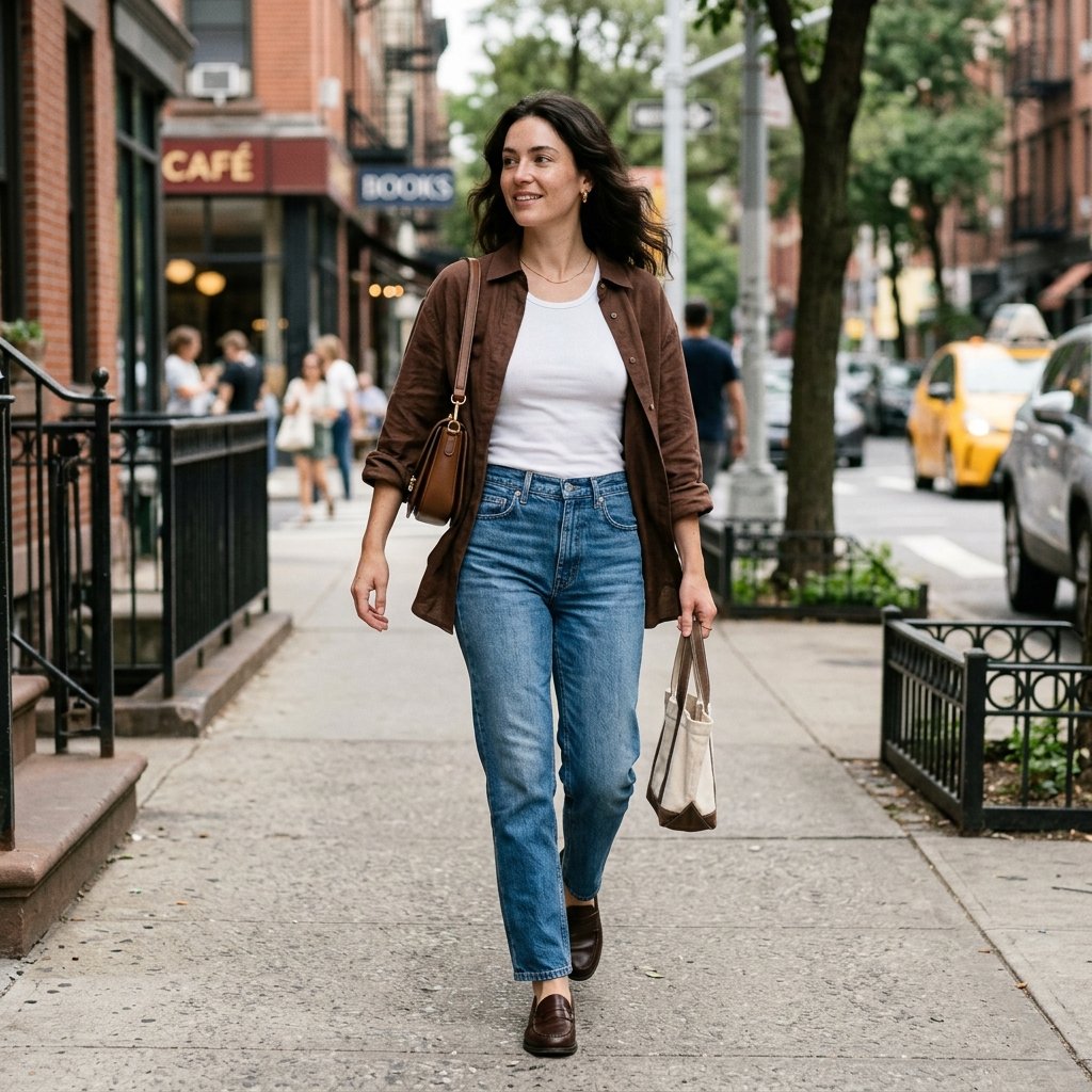 Oversized Shirt + Tank + Barrel Jeans + Loafers