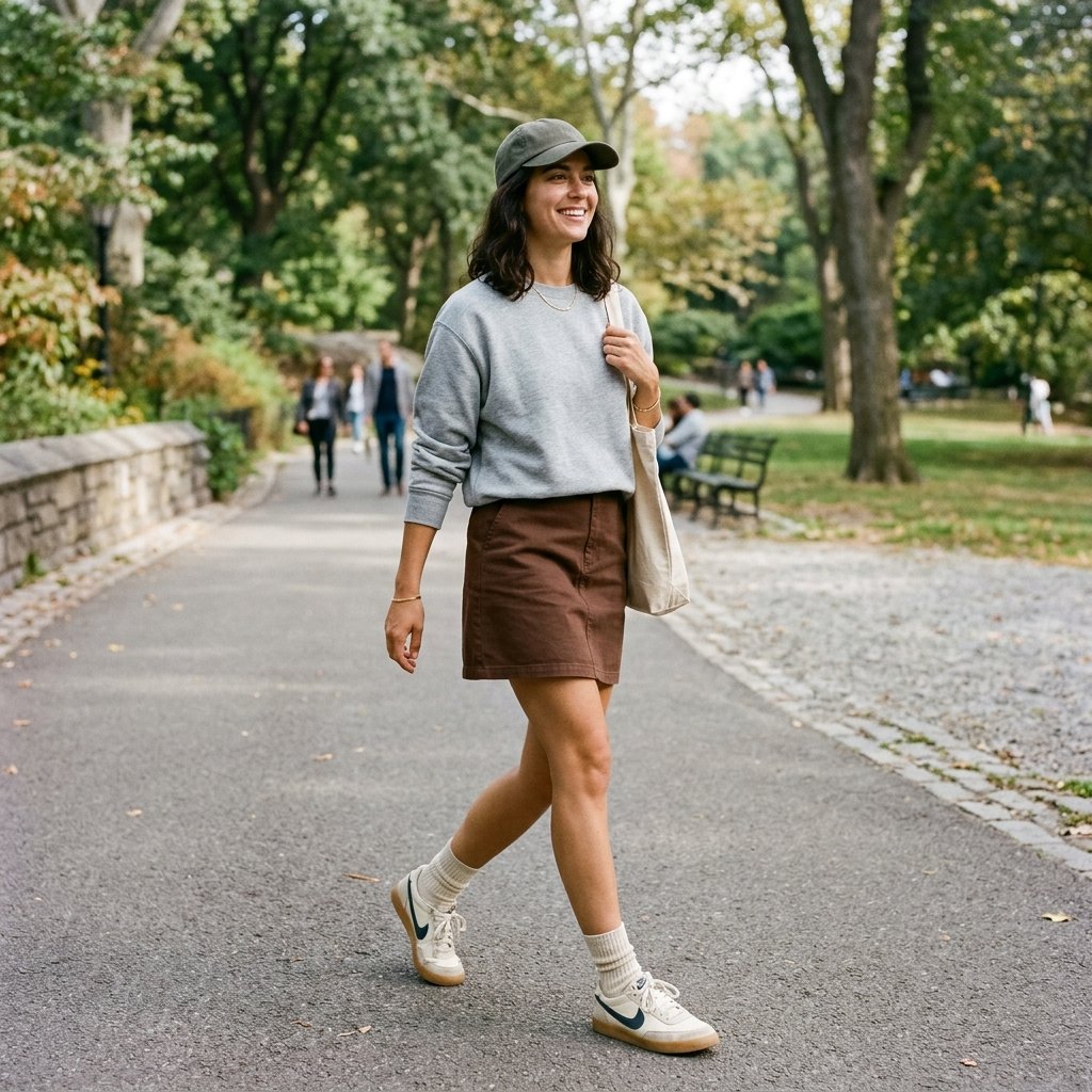Oversized Sweatshirt + Brown Mini Skirt + Sneakers