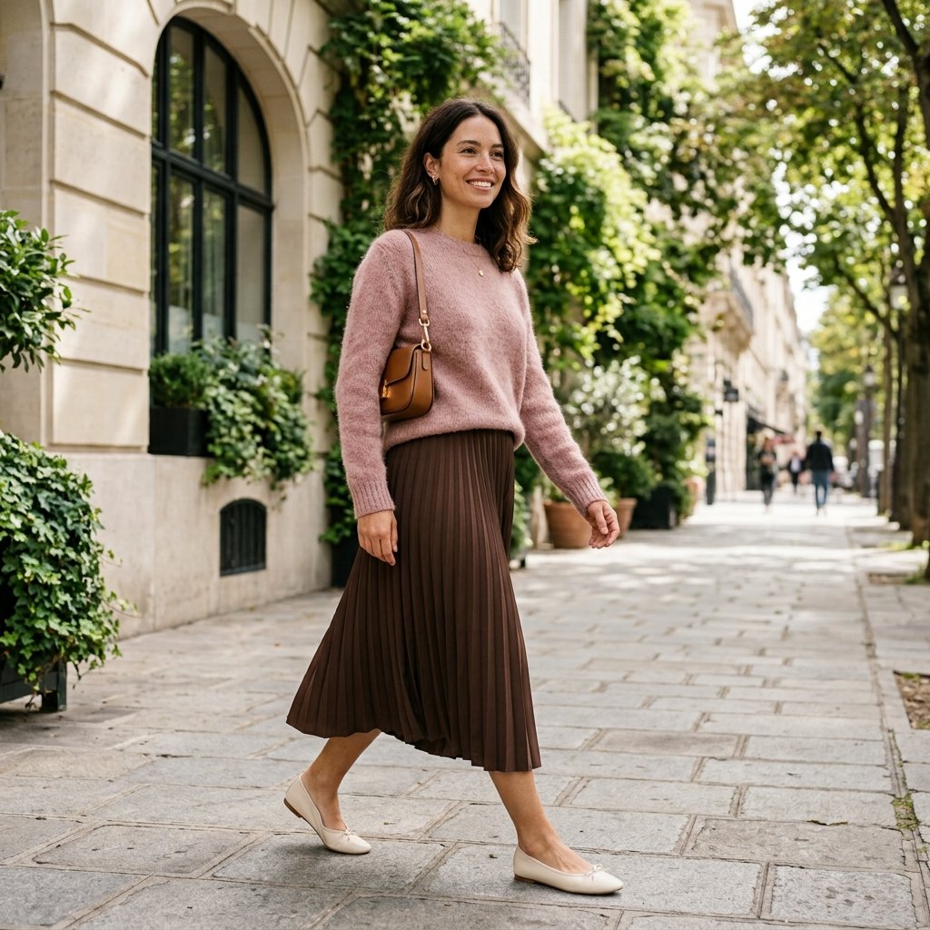 Pink Sweater + Chocolate Brown Midi + Ballet Flats