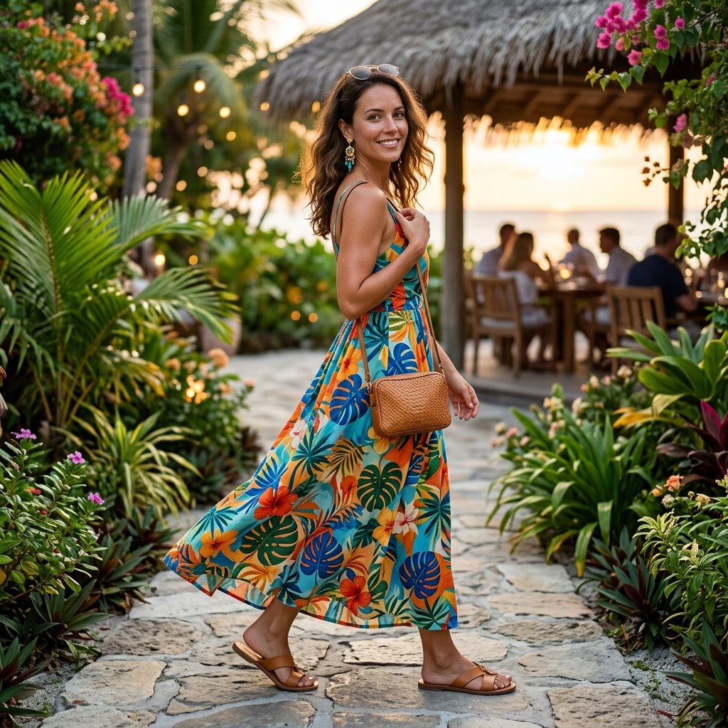 Printed Maxi Dress + Flat Sandals + Statement Earrings