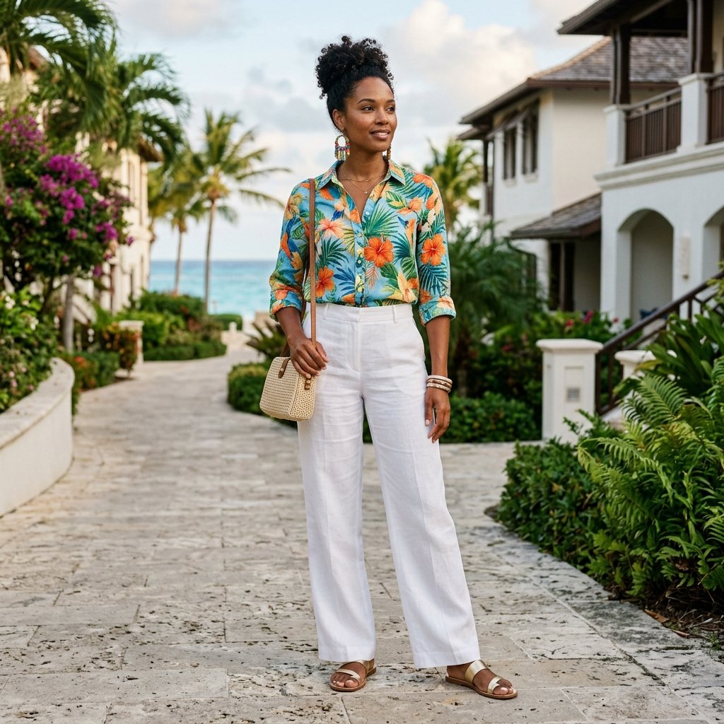 Printed Shirt + White Wide-Leg Pants + Statement Earrings
