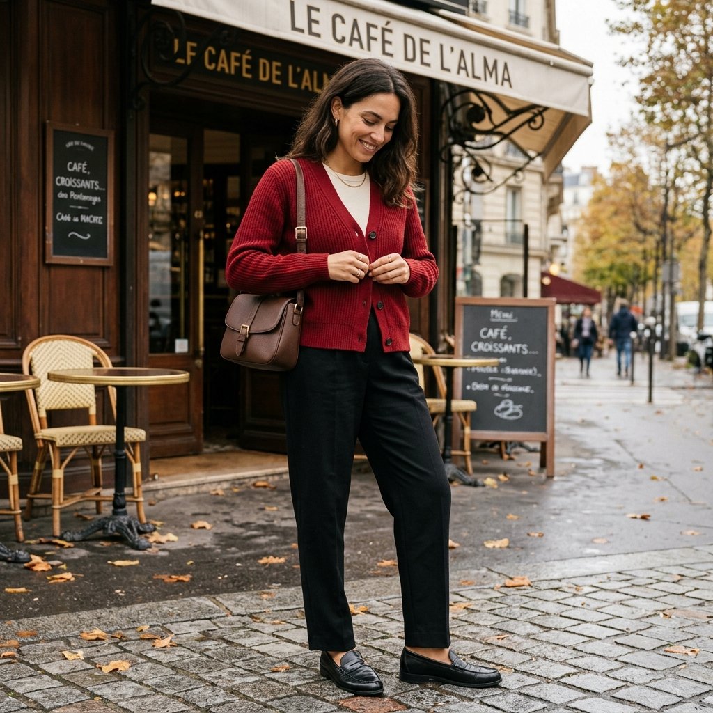 Red Cardigan with Black Trousers and Loafers