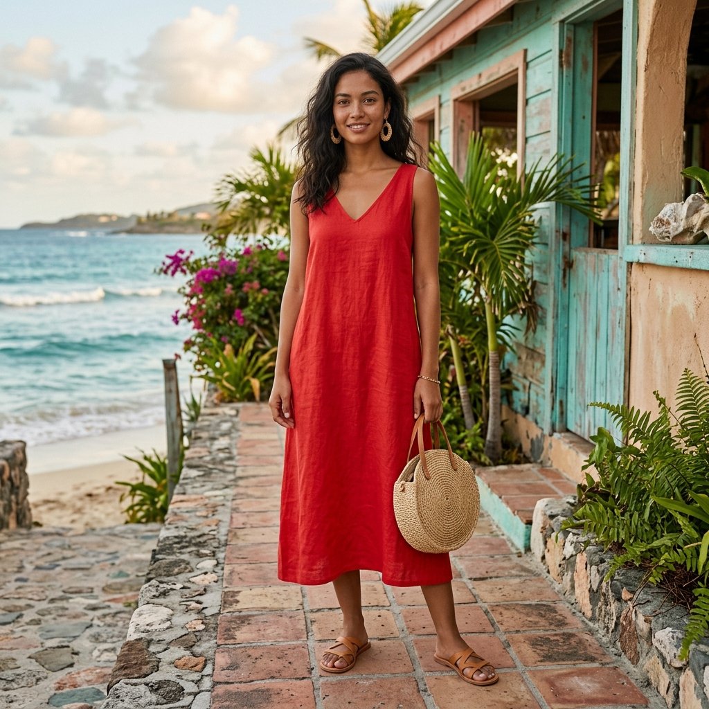 Red Linen Dress + Woven Earrings + Tan Sandals