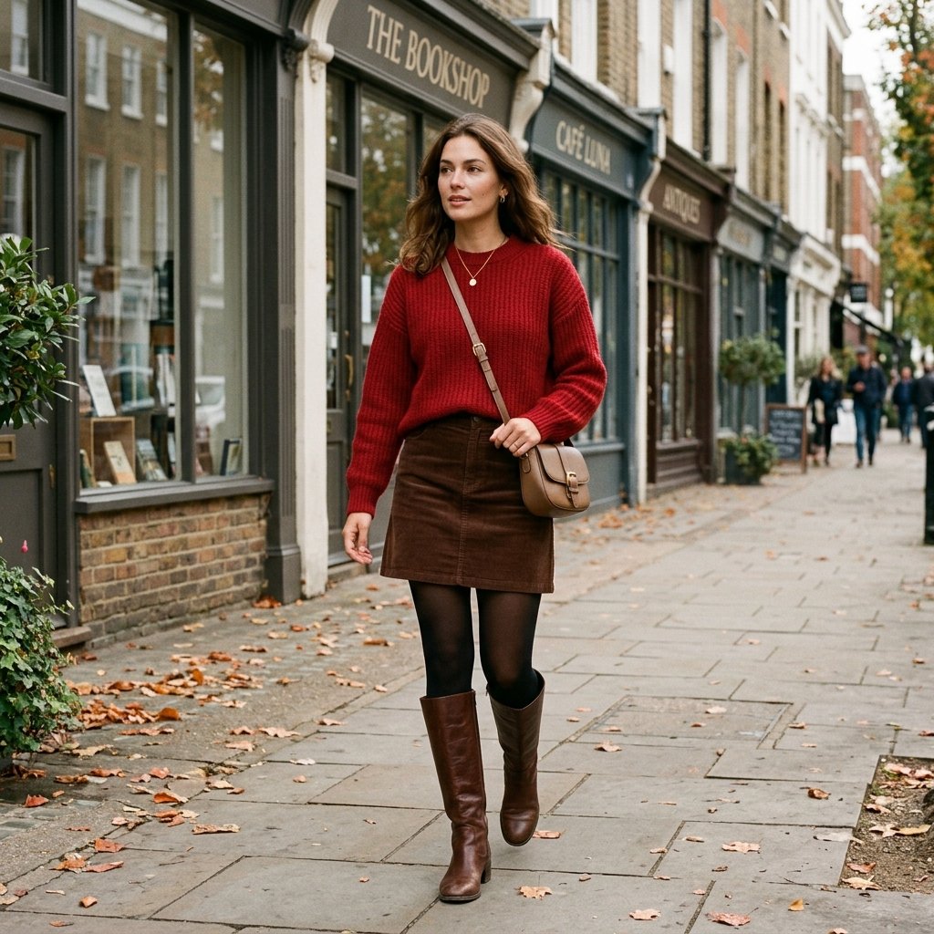 Red Sweater + Brown Mini Skirt + Knee-High Boots
