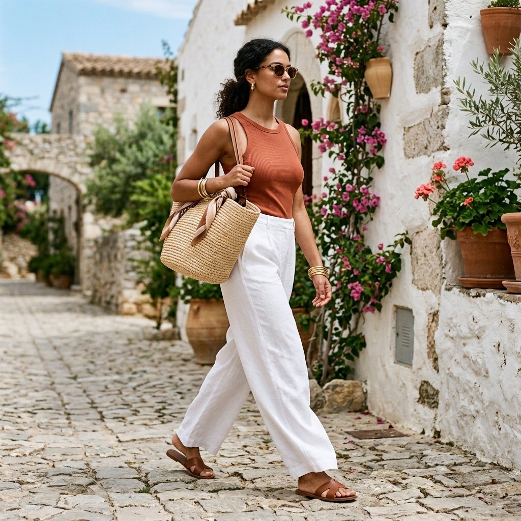 Ribbed Tank + White Wide-Leg Pants + Raffia Tote