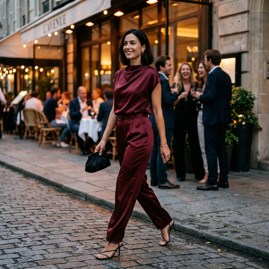 Satin Evening Set Draped Top + Matching Pants