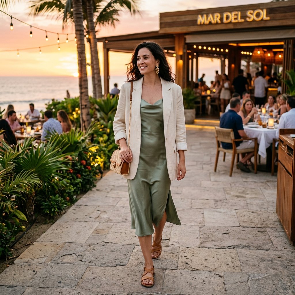 Satin Slip Dress + Lightweight Blazer + Strappy Sandals