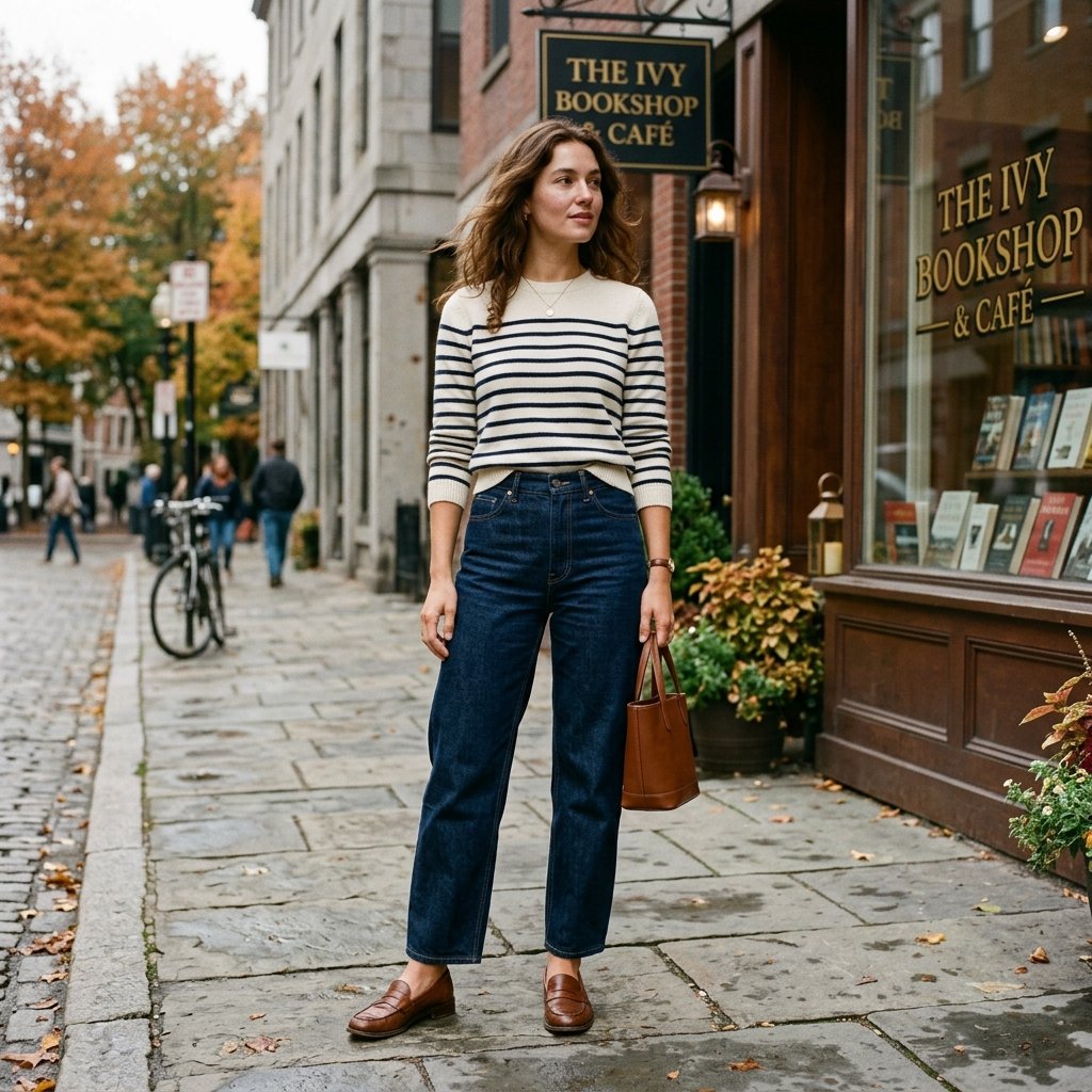 Striped Knit + Dark Barrel Jeans + Loafers