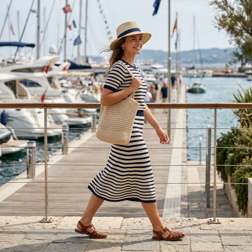 Striped Knit Set + Fisherman Sandals + Crochet Tote