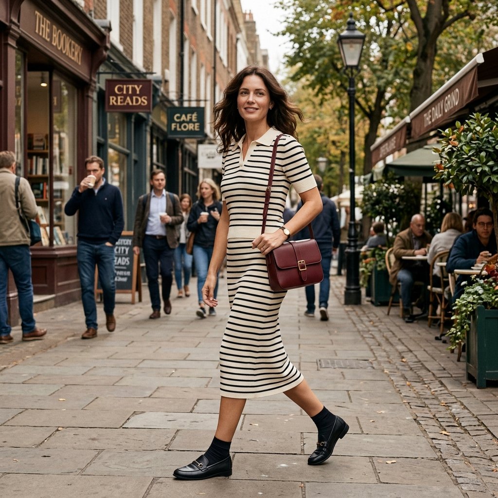 Striped Knit Set Polo Top + Midi Skirt