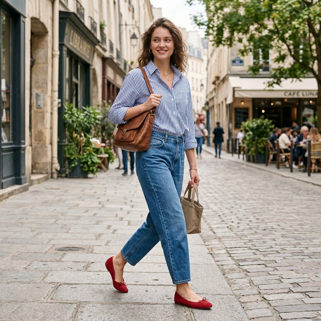 Striped Shirt + Barrel Jeans + Red Flats