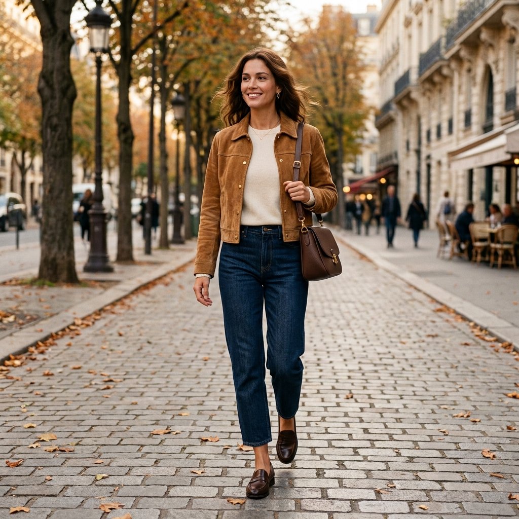Suede Jacket + Cream Knit + Barrel Jeans