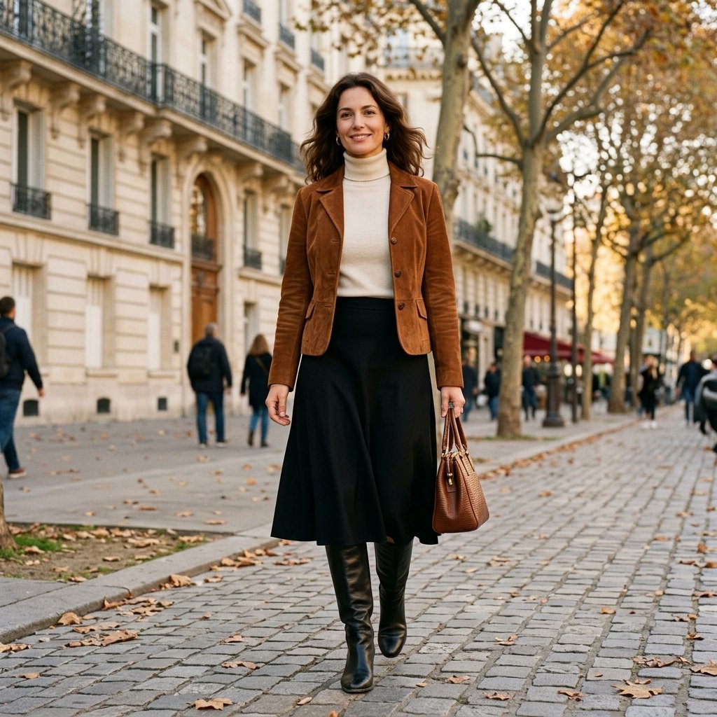 Suede Jacket with Black Midi Skirt and Knee-High Boots