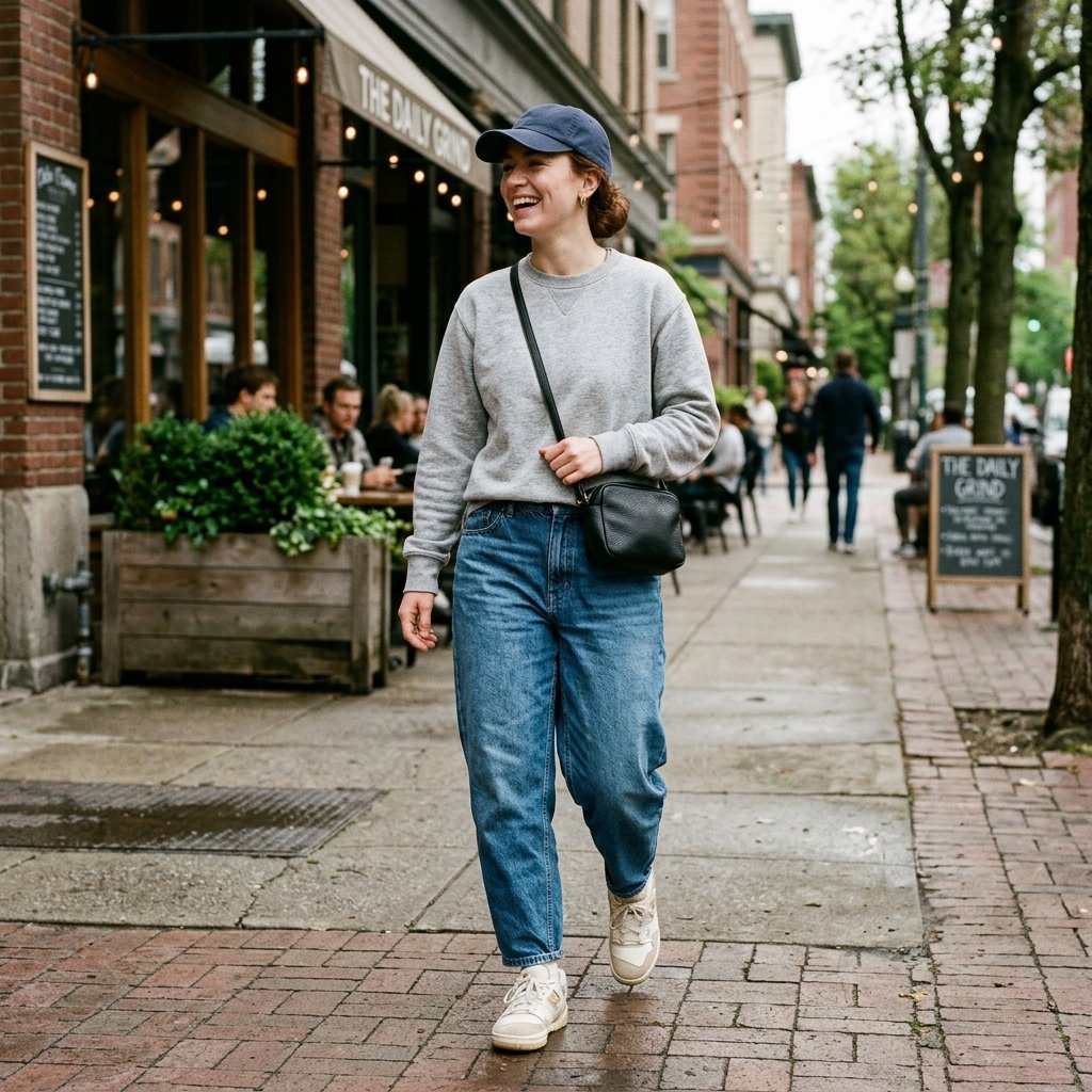 Sweatshirt + Barrel Jeans + Retro Sneakers