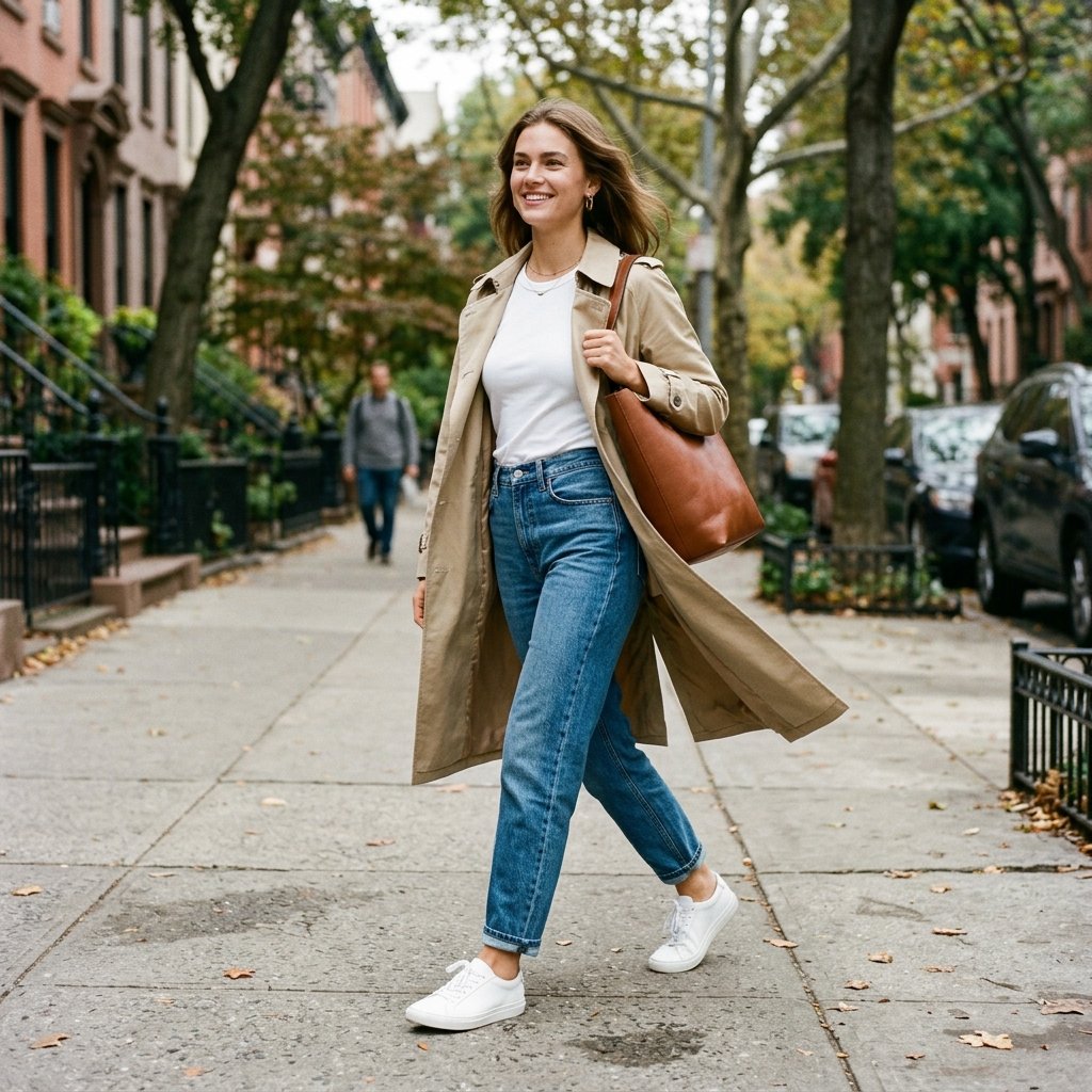 Trench Coat + White Tee + Barrel Jeans + Sneakers