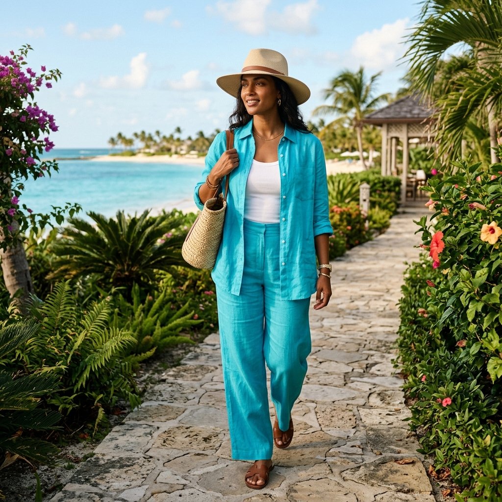 Turquoise Linen Set + Straw Hat + Leather Slides