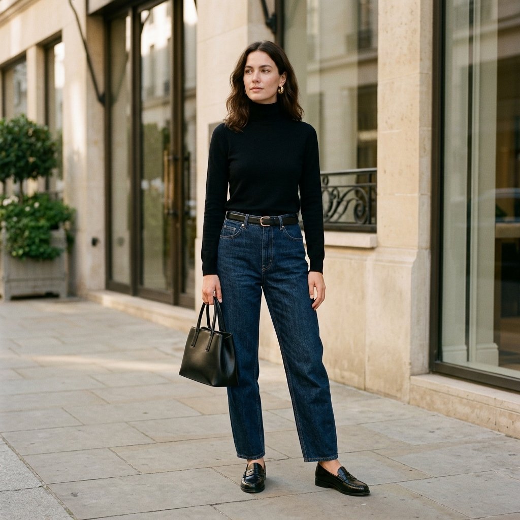 Turtleneck + Dark-Wash Barrel Jeans + Loafers