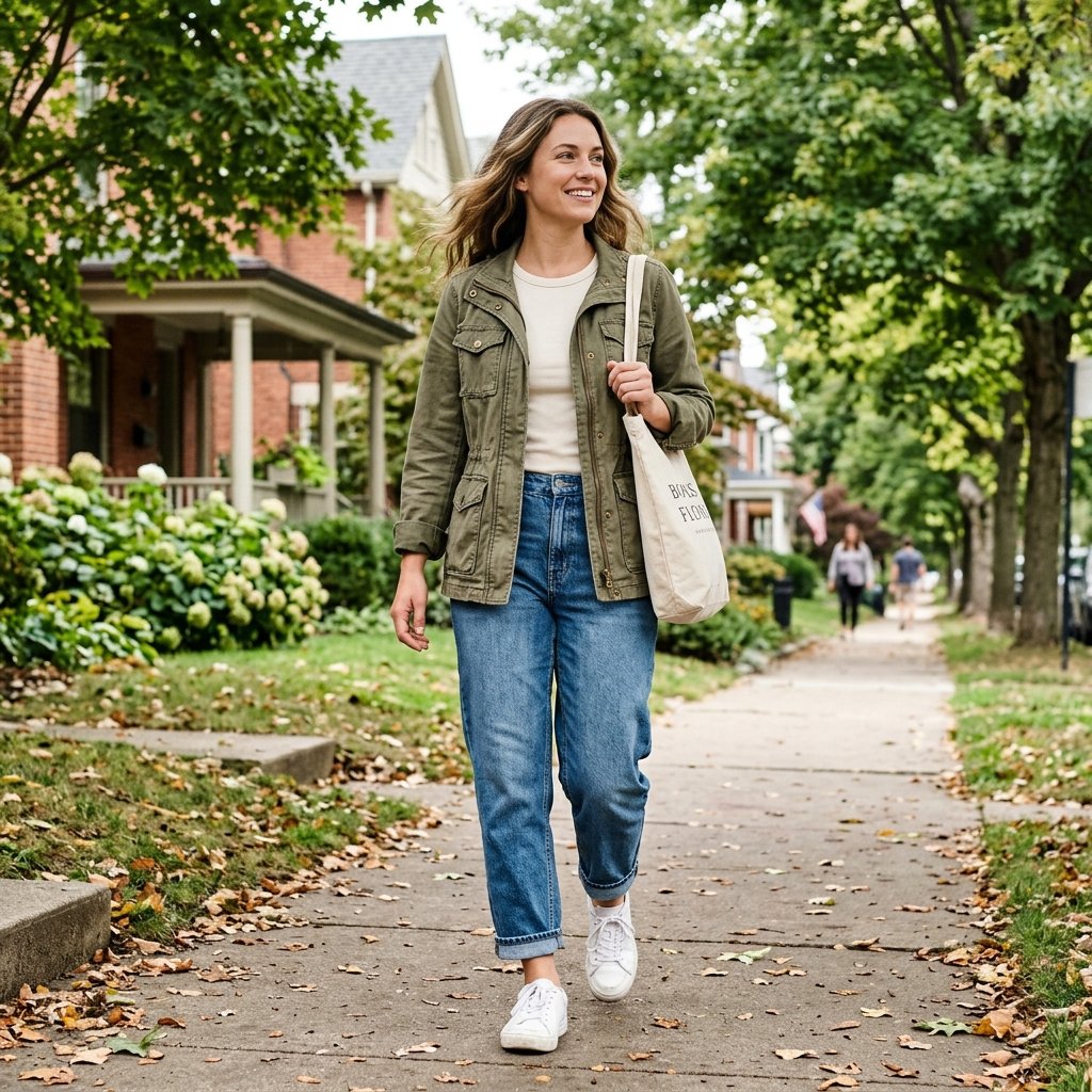 Utility Jacket + Barrel Jeans + White Sneakers