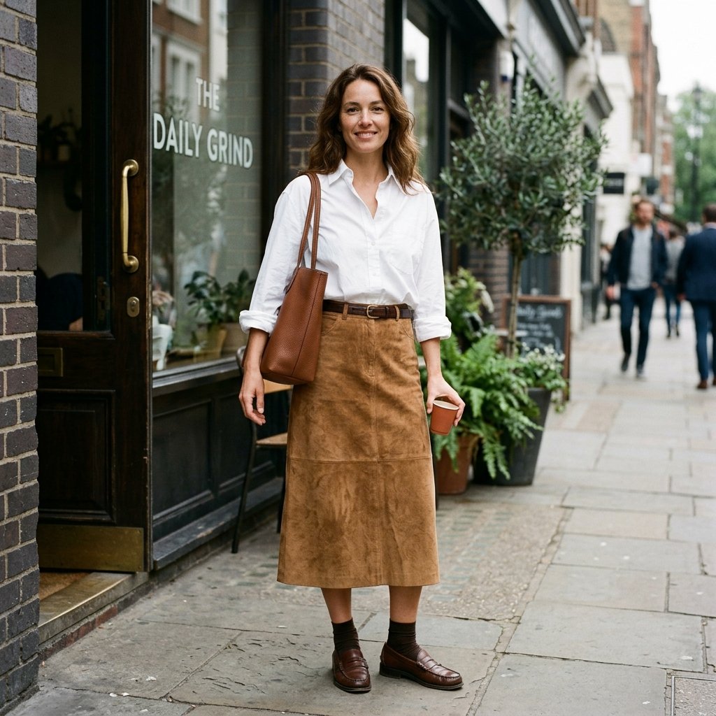 White Button-Down + Brown Suede Skirt + Loafers