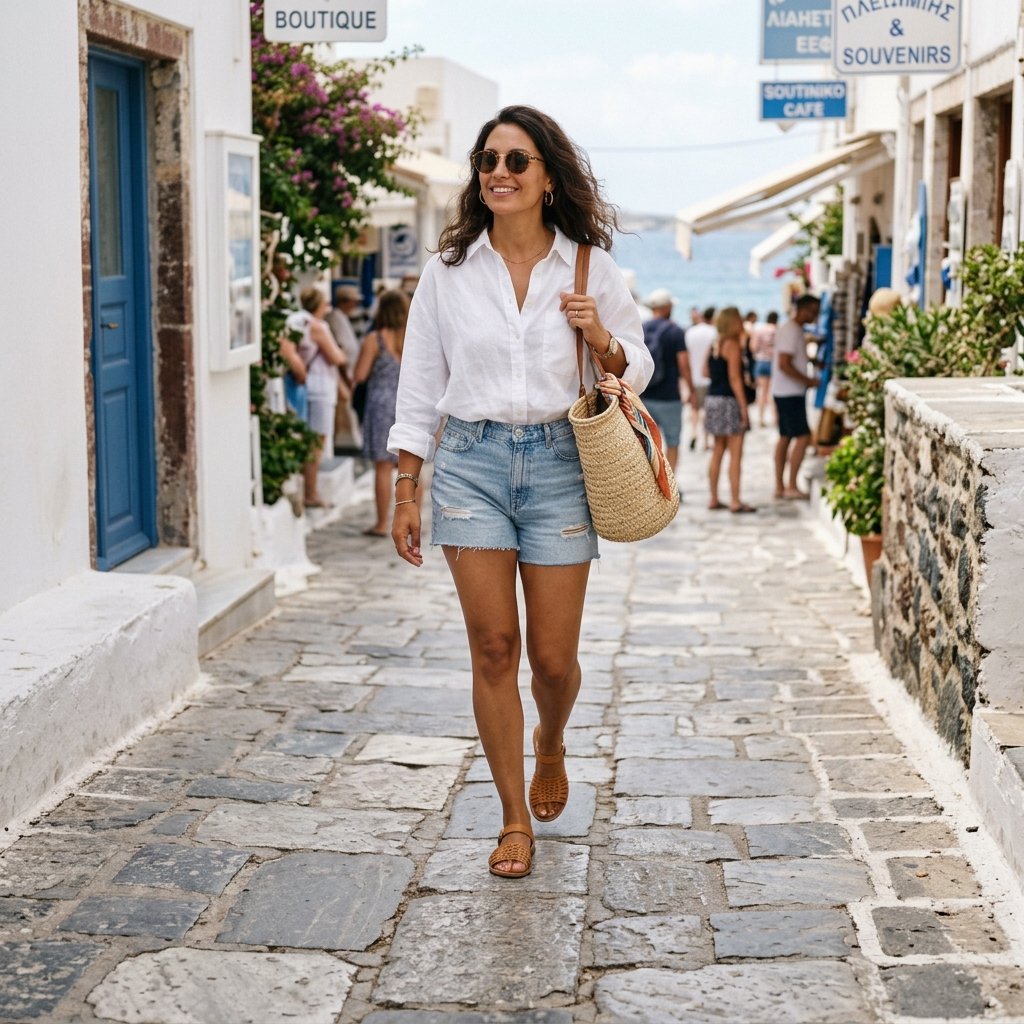 White Linen Shirt + Denim Shorts + Woven Sandals