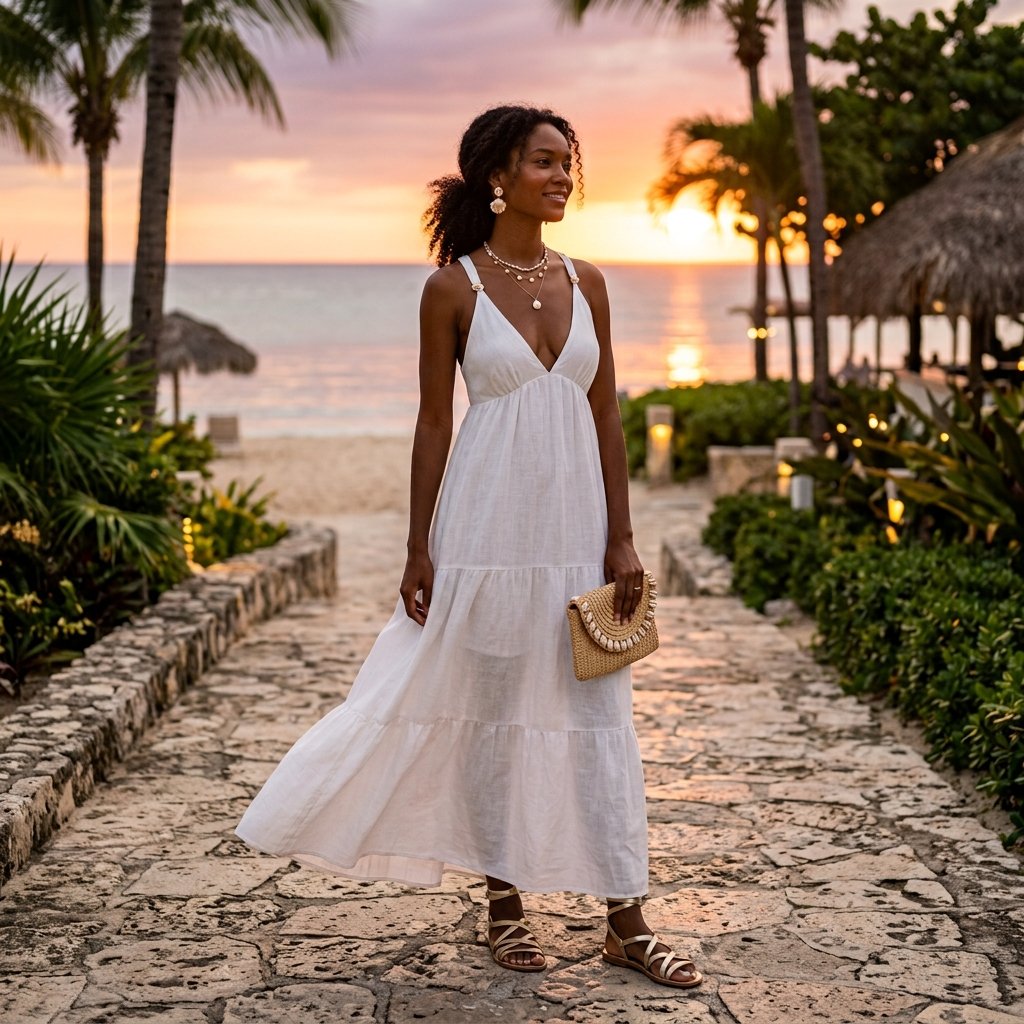 White Maxi Dress + Shell Jewelry + Metallic Sandals