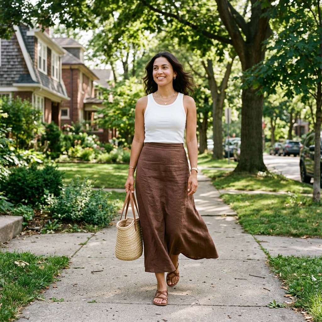 White Tank + Brown Linen Maxi Skirt + Flat Sandals