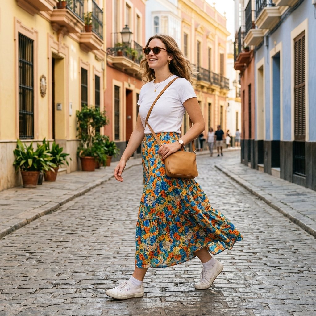 White Tee + Printed Maxi Skirt + Sneakers