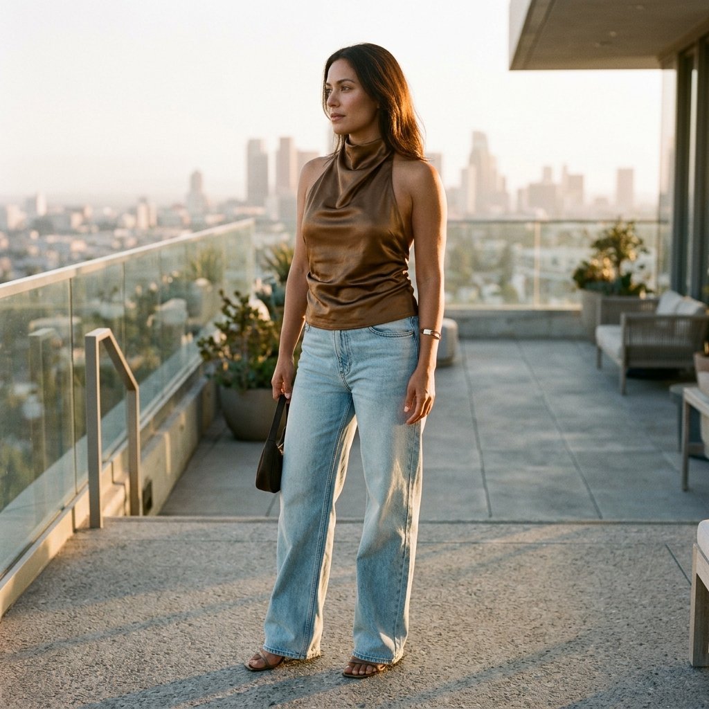 Antique Bronze Halter Top With Frosted Blue Jeans