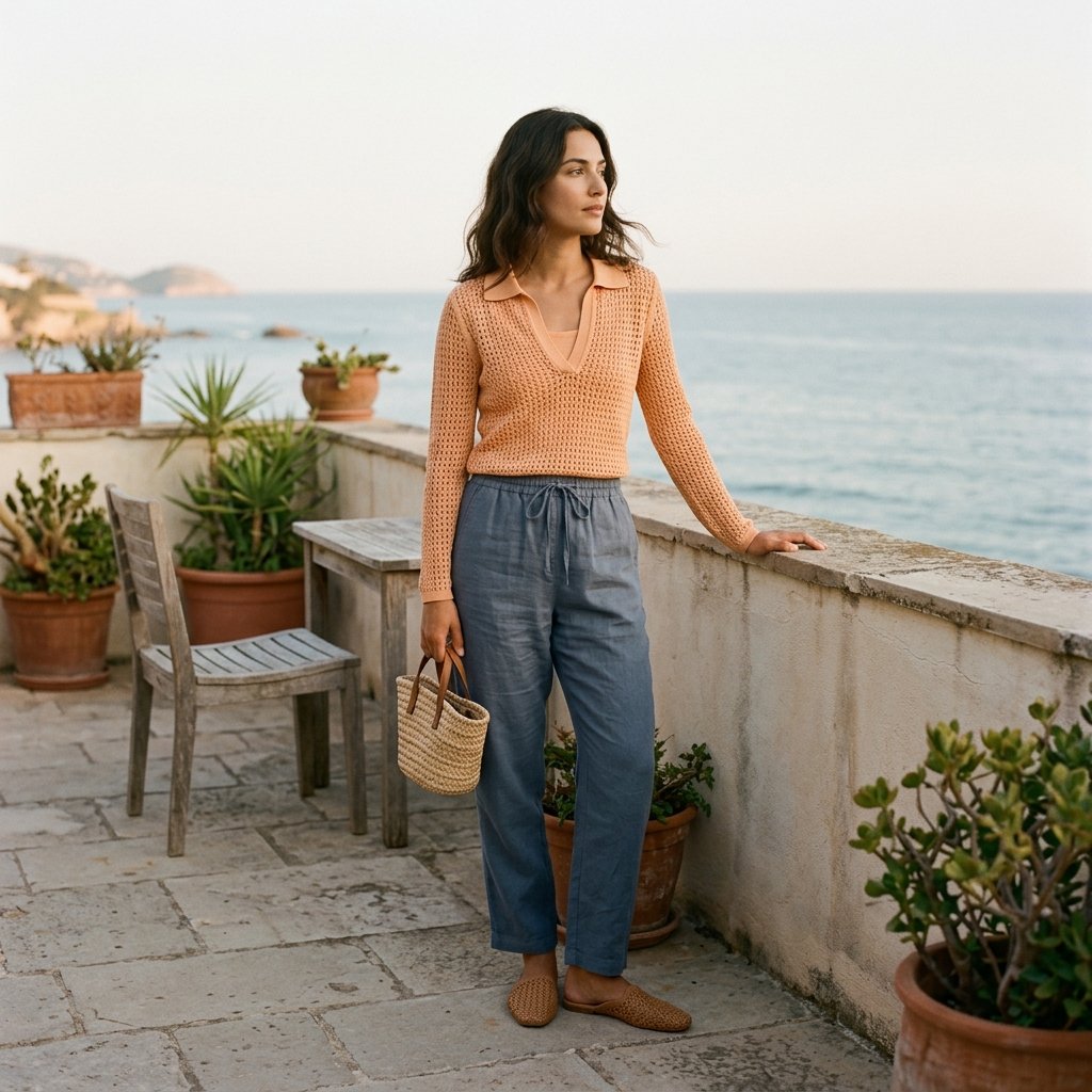Apricot Crochet Polo With Slate Blue Drawstring Pants