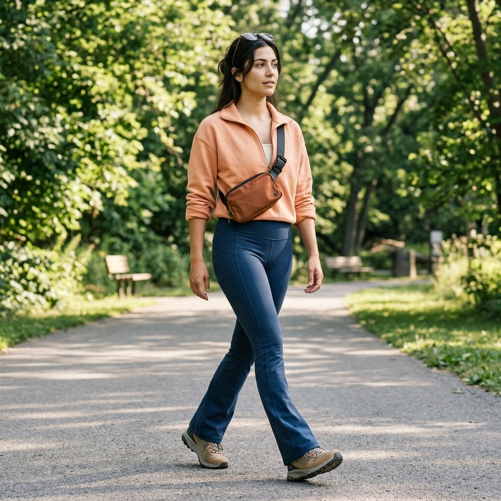Apricot Half-Zip Sweatshirt + Ink Flared Leggings + Trail Sneakers