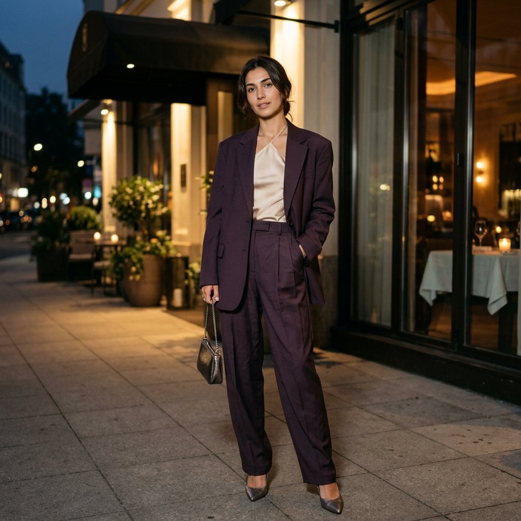 Aubergine Baggy Suit With a Champagne Halter Top
