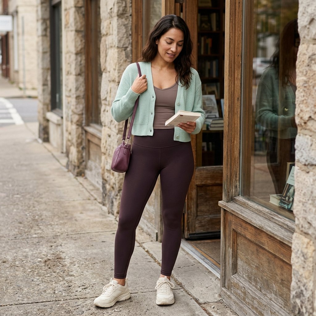 Aubergine Leggings With a Soft Mint Cropped Cardigan