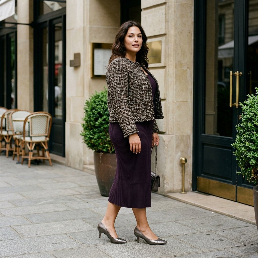 Aubergine Ribbed Dress With a Cropped Tweed Jacket
