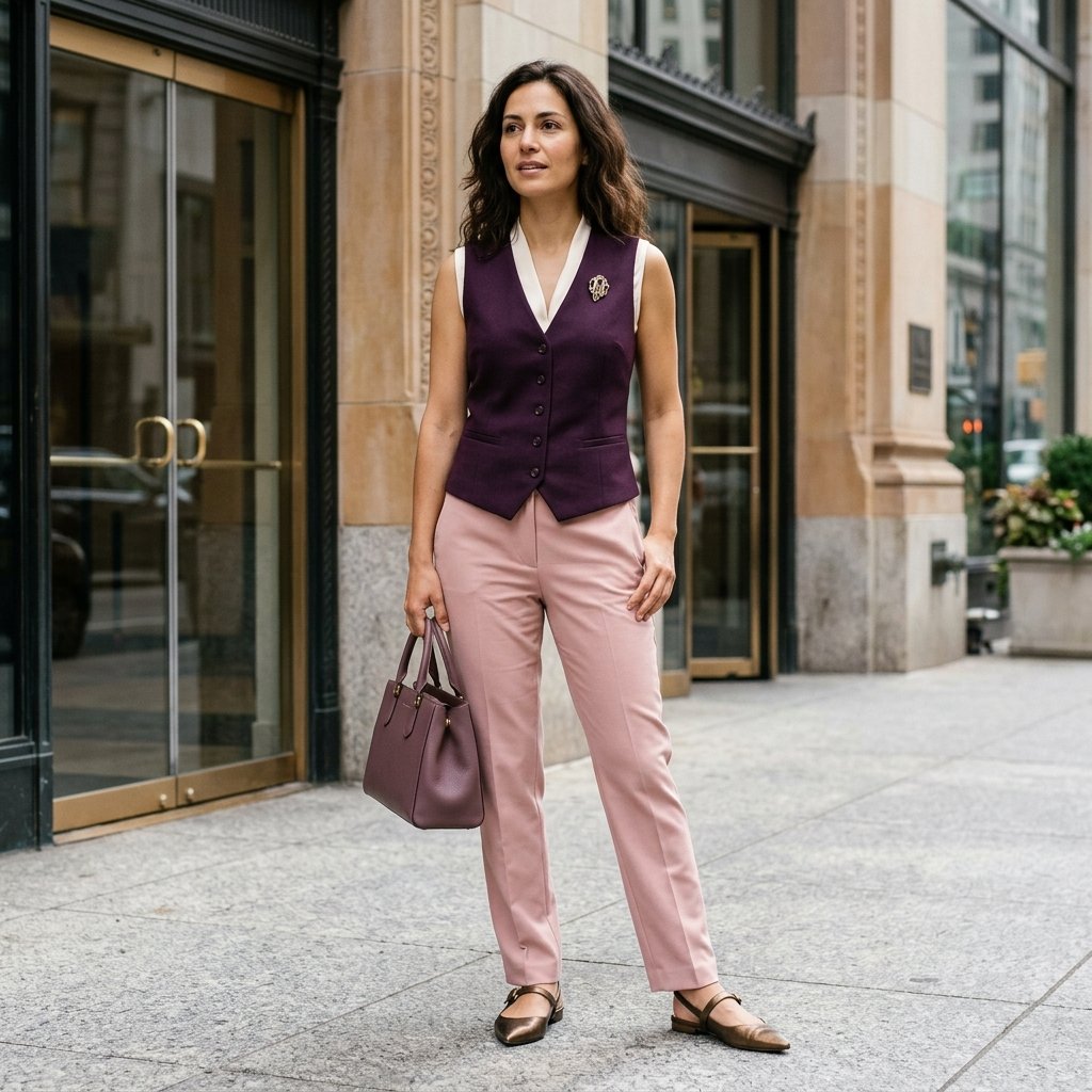 Aubergine Waistcoat, Blush Trousers, and Art Deco Brooch