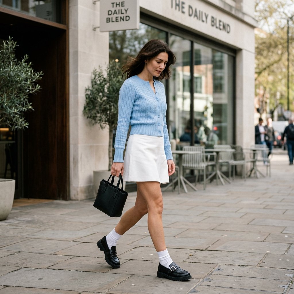 Baby Blue Cardigan + White Mini Skirt + Chunky Loafers