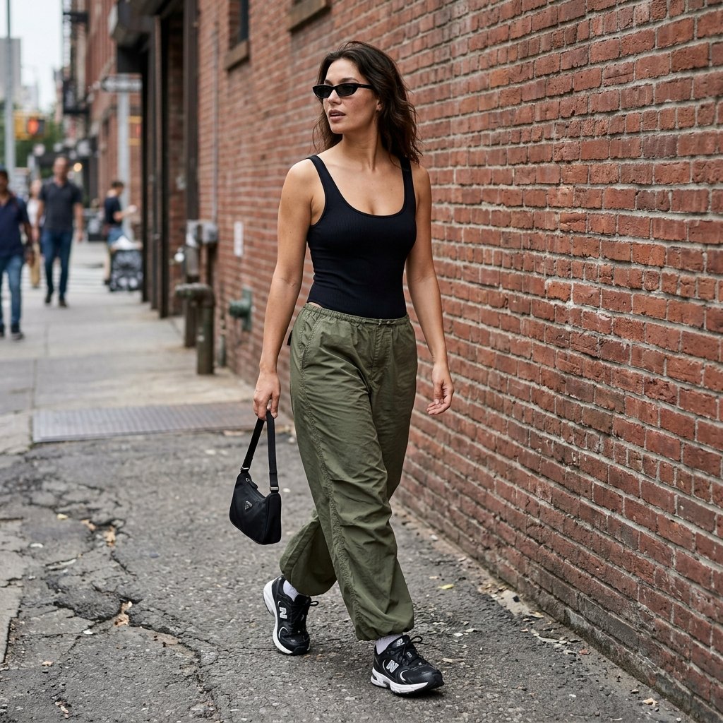 Black Bodysuit + Olive Parachute Pants + Chunky Sneakers