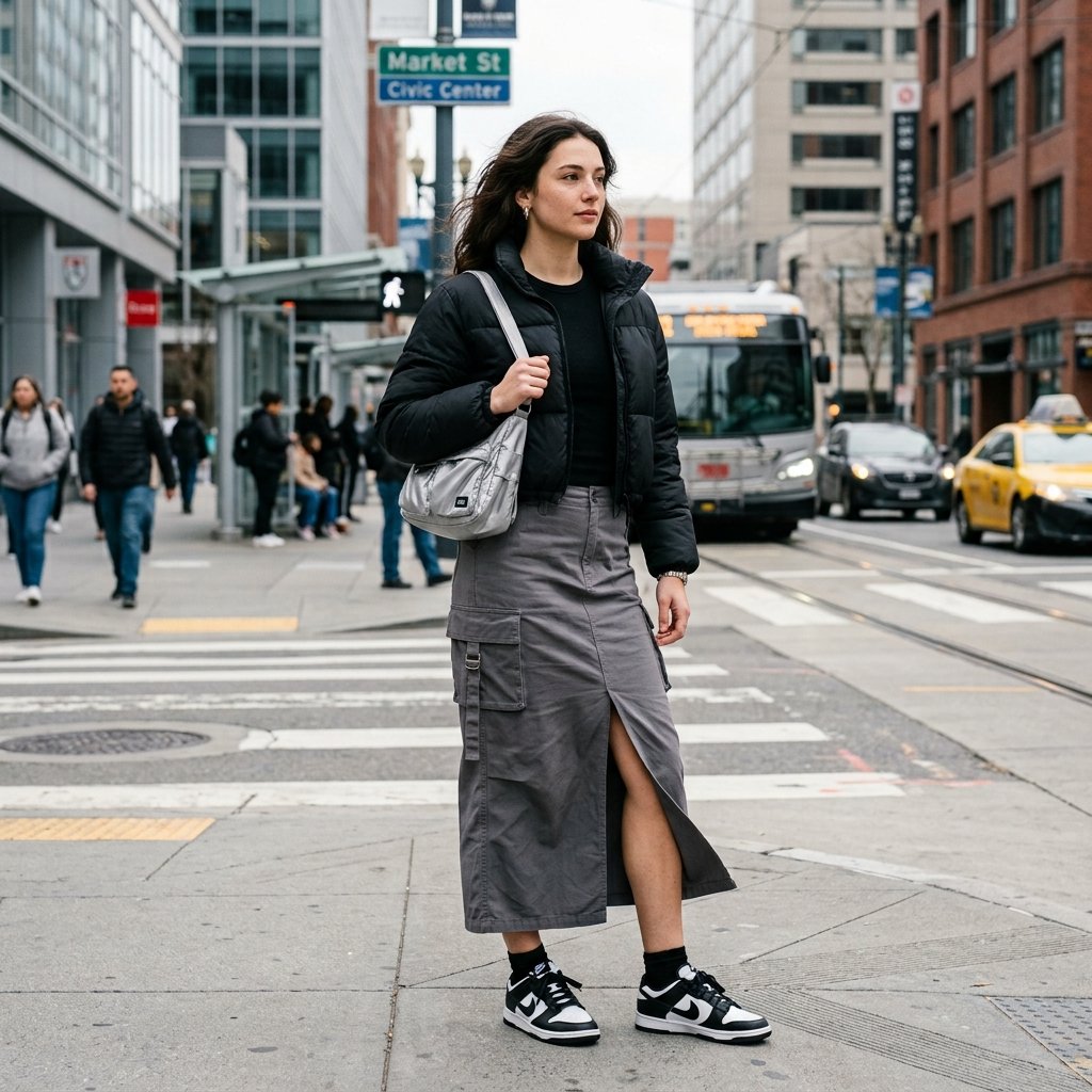 Black Cropped Puffer + Gray Cargo Skirt + Sneakers