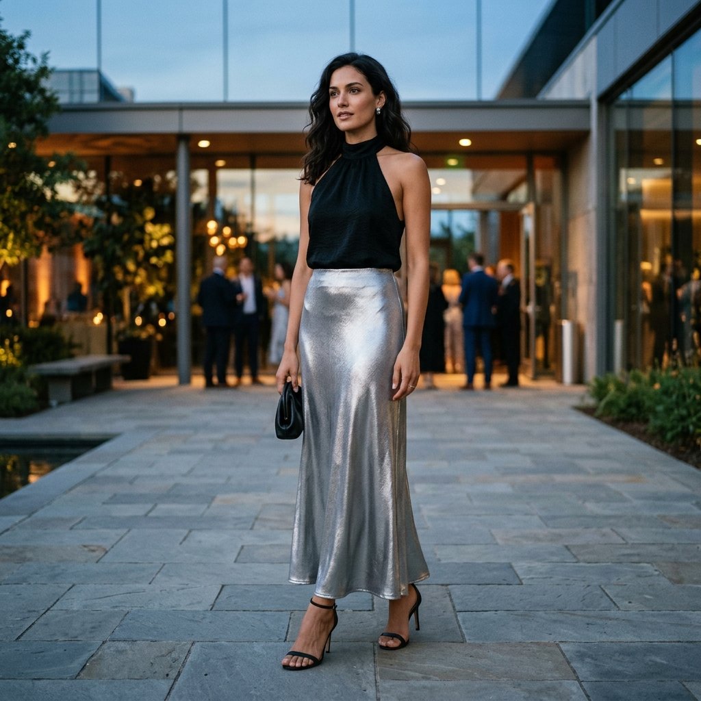 Black Halter Top + Metallic Maxi Skirt + Minimal Heels