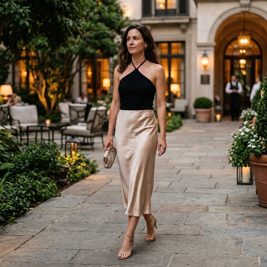 Black Halter With Champagne Slip Skirt