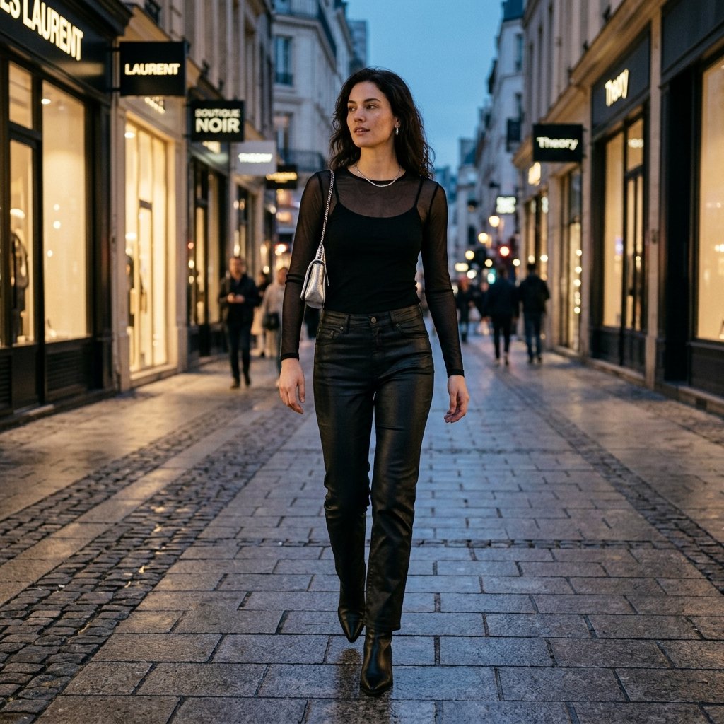 Black Mesh Top + Bralette + Coated Jeans