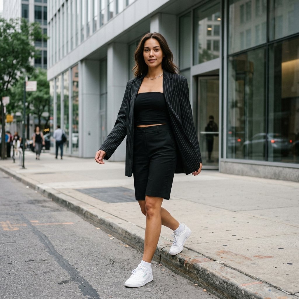 Black Tube Top + Oversized Pinstripe Blazer + Bermuda Shorts