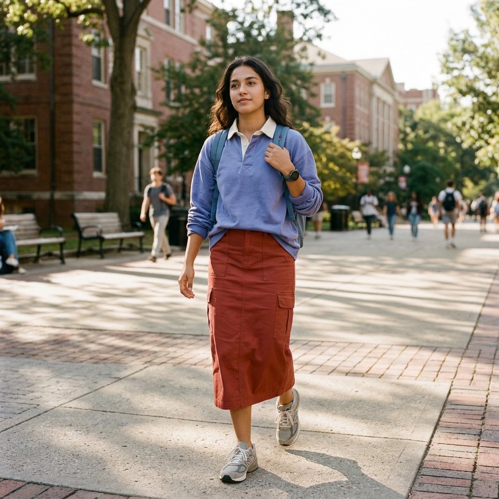 Brick Red Cargo Skirt with a Periwinkle Rugby Shirt