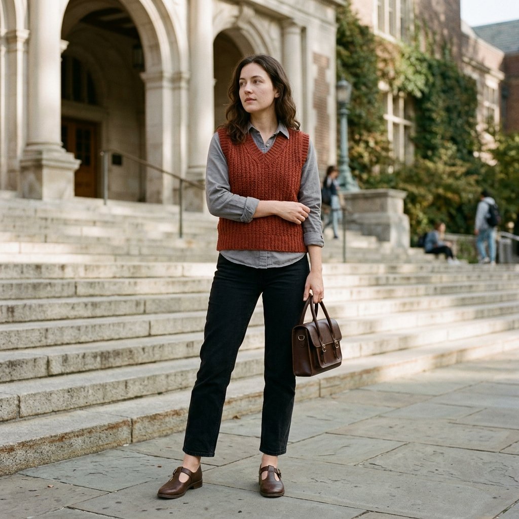 Brick Red Knit Vest + Black Ankle Jeans