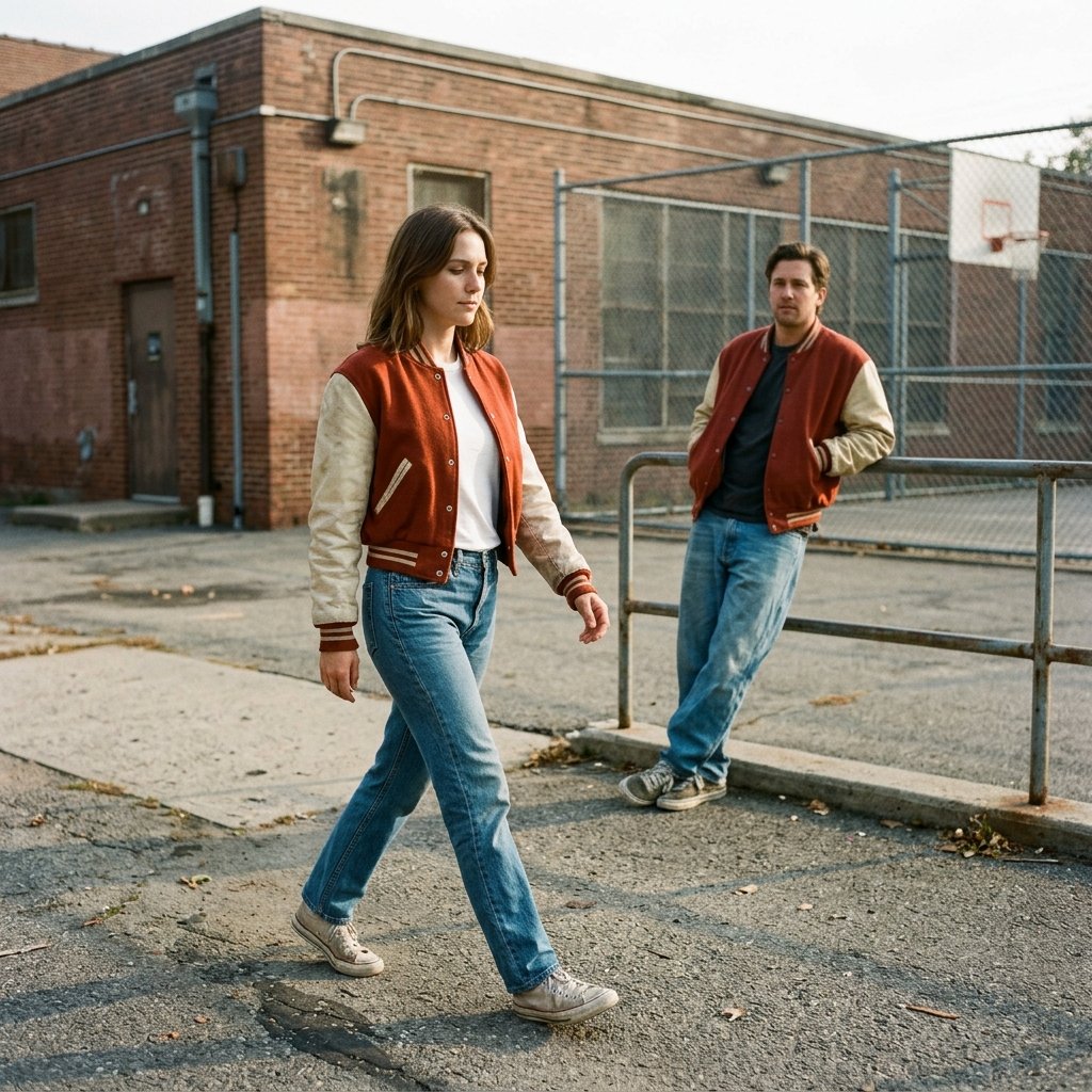 Brick Red Varsity Jacket + Faded Blue Jeans