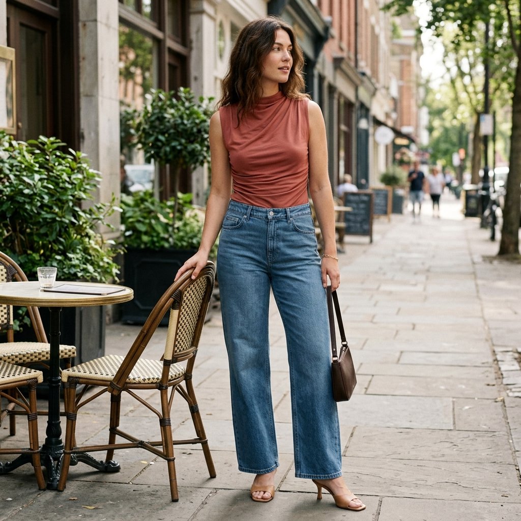 Brick Rose Draped Bodysuit With Steel Blue Denim