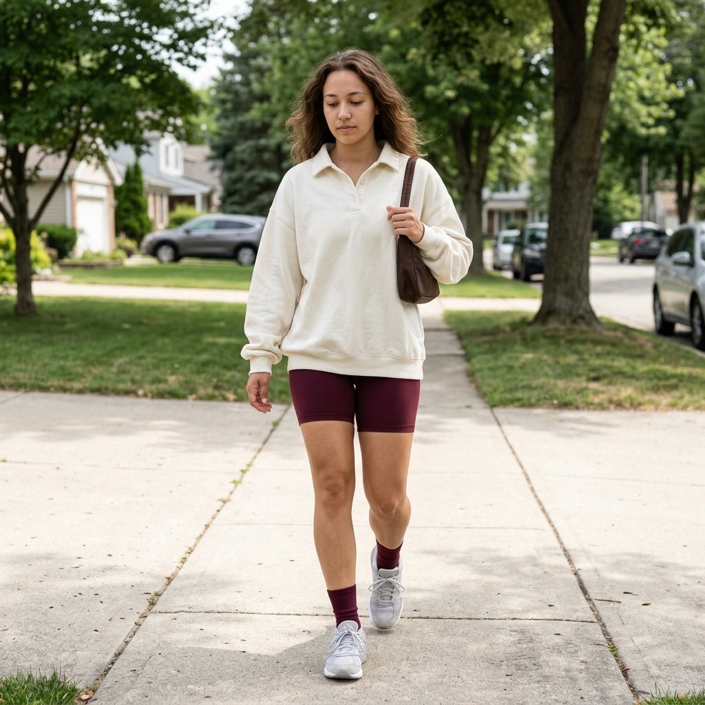 Burgundy Biker Shorts With a Vanilla Rugby Sweatshirt