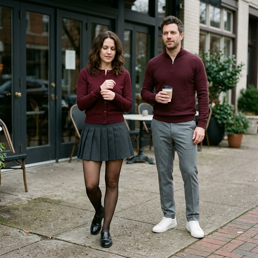 Burgundy Cardigan + Soft Gray Separates