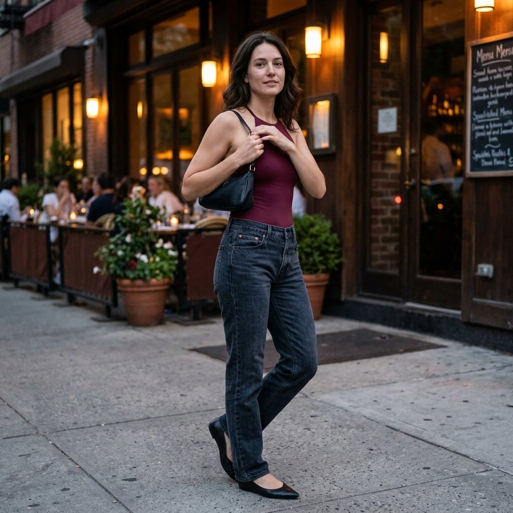 Burgundy Halter Bodysuit With Dark Straight Jeans