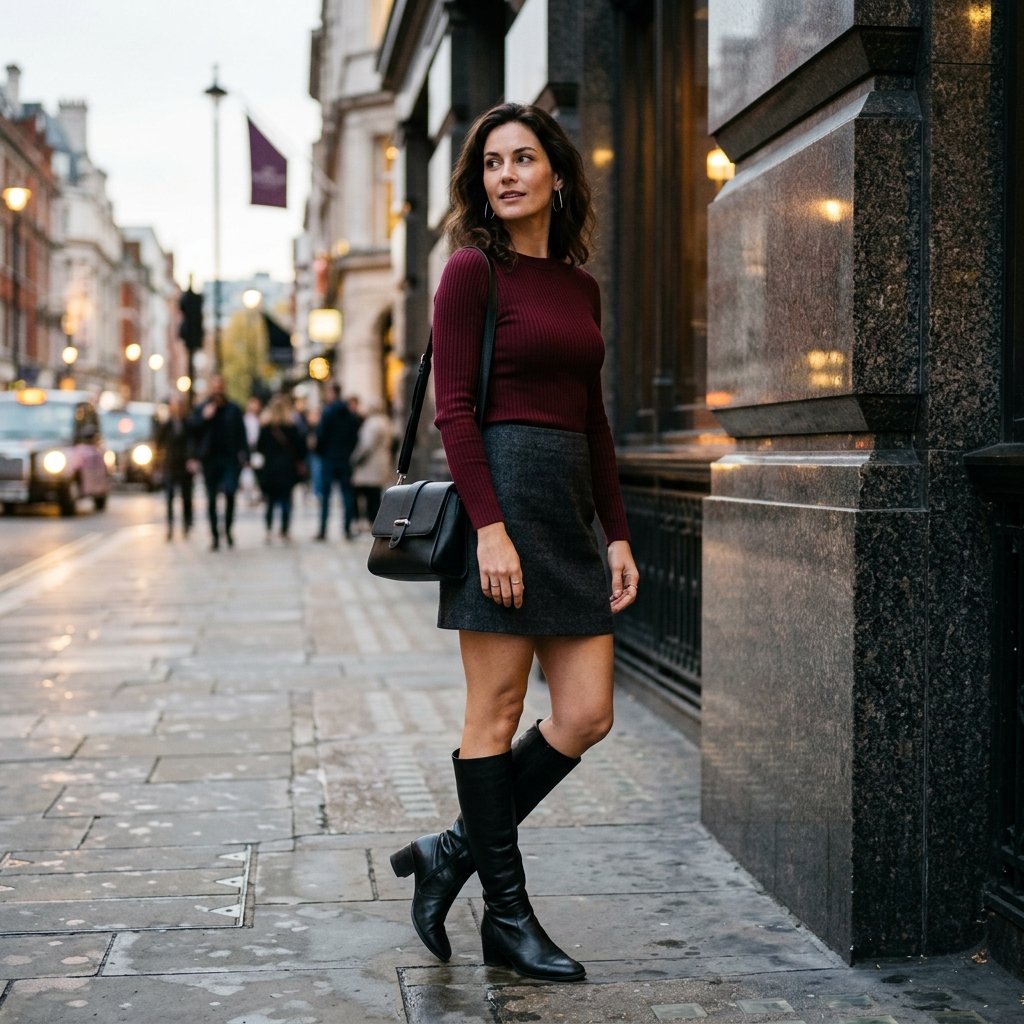 Burgundy Long-Sleeve Top + Charcoal Mini Skirt + Tall Boots