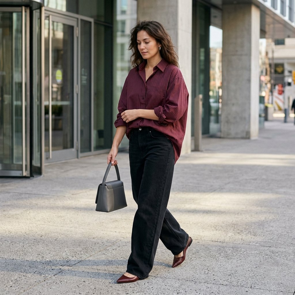 Burgundy Pinstripe Shirt + Black Wide-Leg Jeans